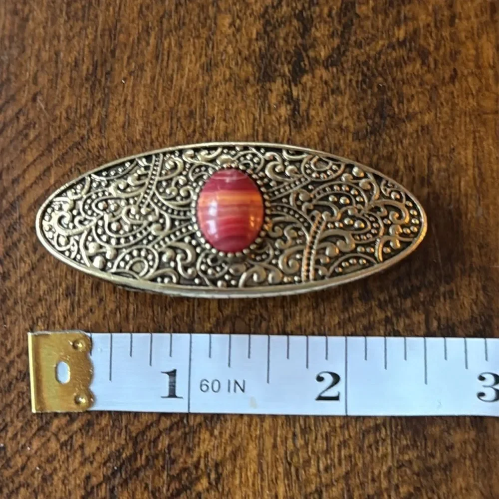 Jeweled French Barrette Set – Simulated Gemstone Inlay: Turquoise, Coral & Opal